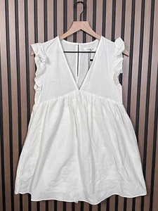 New Mustard Seed Dress Small White Jersey Knit Ruffled Cap Sleeve V Neck Mini - Picture 1 of 6