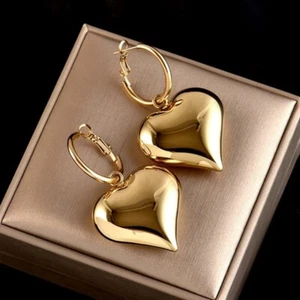 Women Drop Heart Stud Earrings Vintage Gold Plated Women's Ladies Jewellery Gift - Picture 1 of 6