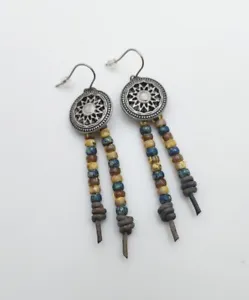 Womens Beaded Dangle Drop Earrings Leather Multicolor Picasso Beads Fishhook - Picture 1 of 3