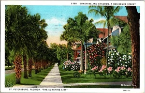 St Petersburg Florida Linen Postcard Residence Street Palm Trees Flowers - Picture 1 of 2