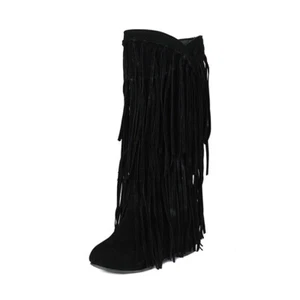Women's Faux Leather 3 Layer Fringe Tassel Pull On Heel Round Toe Mid-calf Boots - Picture 1 of 20