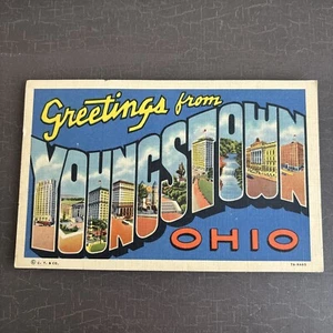 LARGE LETTER Postcard Greetings from YOUNGSTOWN Ohio OH 1937 postmark LINEN - Picture 1 of 3