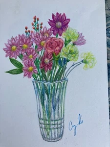 original colored pencil drawing. puple aster, rose, green carnations - Picture 1 of 3