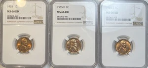 1955 - P D S Lincoln Wheat Penny 1 Cent Uncirculated BU NGC 66 RD Lot Of 3 Coins - Picture 1 of 17