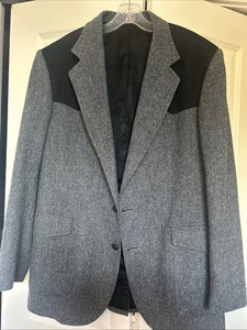 Pendleton Western Blazer Mens SZ 44 L Black Herringbone Wool Suede Accents - Picture 1 of 6