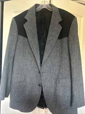 Pendleton Western Blazer Mens SZ 44 L Black Herringbone Wool Suede Accents - Image 1 of 4