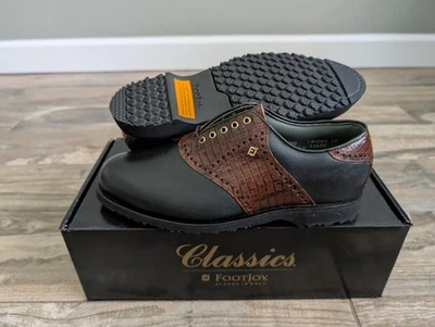 NUEVO Zapatos de Golf Vintage Footjoy Classics Para Hombres Sin Tacos 55660 NEGRO/BRN Lizard 8.5D Foto 1 de 4