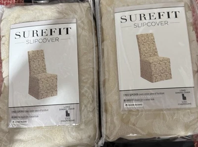 Juego de dos fundas para sillas de comedor largas SureFit Scroll (champán) - longitud completa Foto 1 de 3