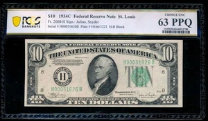 AC 1934C $10 Saint Louis FRN PCGS 63 PPQ Fr 2008-H - Picture 1 of 2