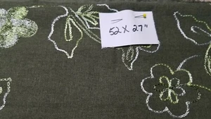  COTTON FABRIC - LAVENDER & GREEN EMBROIDERED FLORALS  ON OLIVE GREEN 52 X 27" - Picture 1 of 3