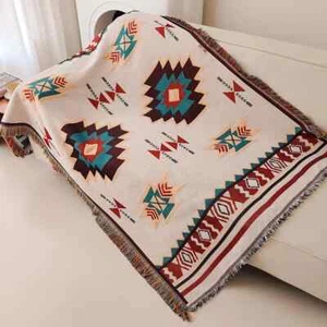 Aztec Blanket Oversized Boho Throw Blanket with Fringe Southwestern Geometric - Picture 1 of 14