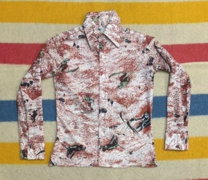 VTG 70s Sears Boys AOP Polyester Downhill Alpine Ski Snow Button Shirt Kids 12 - Picture 1 of 9
