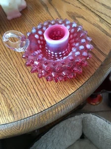 Vintage Fenton Cranberry Opalescent Hobnail Handled Candlestick, 3870 CR - Picture 1 of 4