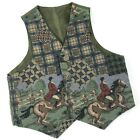 Vtg Boys 3T Tapestry Vest Equestrian Horses Western Olive Green Button Cowboy
