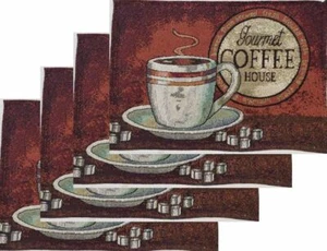 Set of 4 Same Tapestry Kitchen Placemats,13"x19",HOT CUP,GOURMET COFFEE HOUSE,HC - Picture 1 of 12