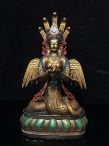 10,4 Zoll alte tibetische Buddhismus reine Kupfermalerei 5 Köpfe Schlange Naga Kanya Statue - Bild 1 von 10