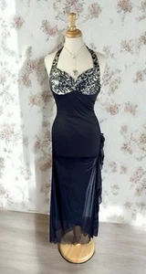 Animal Print Black Mesh Long Evening Gown Fairycore Y2K Goth Formal Glam US 2 - Picture 1 of 7
