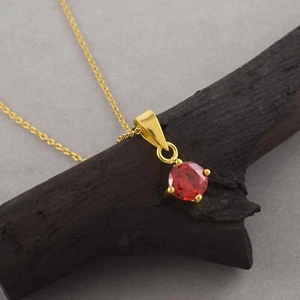 Natural Red Garnet Prong Set Pendant on 18K Gold Plated Handcrafted Box Chain - Picture 1 of 4