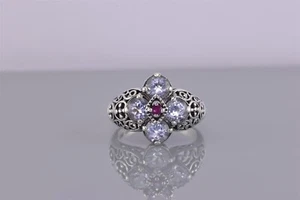 CNA Sterling Silver White Topaz Red Ruby Accented Filigree Band Ring 925 Sz: 7 - Picture 1 of 8