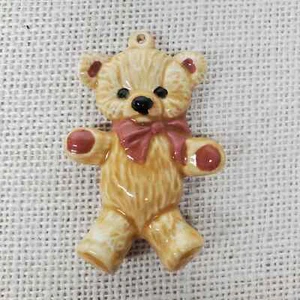 Ceramic Glazed bear Ornament Pendant Mauve Bow - Picture 1 of 3