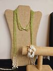 MULTI STRAND GREEN GLASS SEED BEAD PEARL ENDS LARIAT STYLE NECKLACE & BRACELET 