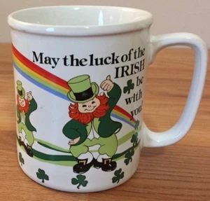 MAY THE LUCK OF THE IRISH BE WITH YOU! ceramic coffee MUG w/Leprechauns Rainbow  - Picture 1 of 1