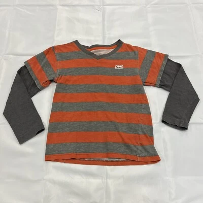 Camisa ECKO Unltd NIÑOS Talla 6 Manga Larga Naranja Gris Rayas Cuello en V Foto 1 de 4