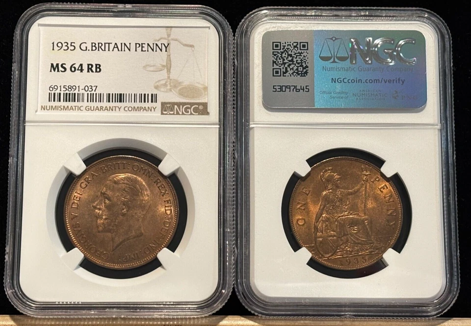 GREAT BRITAIN 1 Penny 1935, NGC MS 64 RB, Lustrous Surfaces, George V. K8 - Image 1 of 1