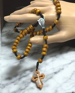 Wooden Bead Rosary With Cross & Virgin Mary Medal Religious Catholic Prayer - Picture 1 of 9