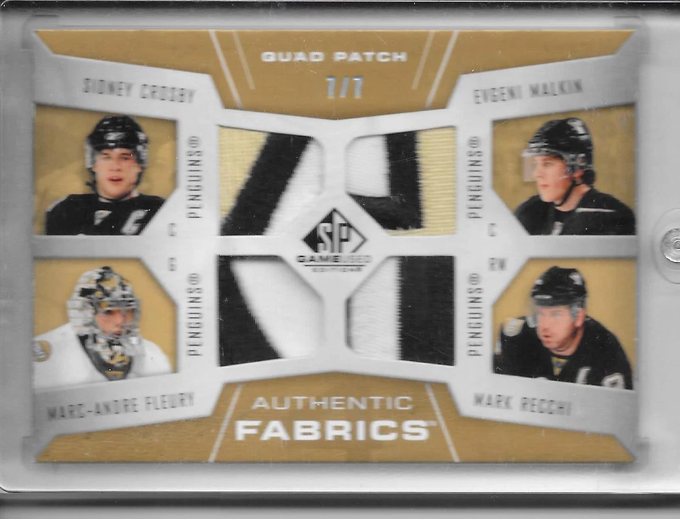 07-08 SP GAME USED AUTHENTIC FABRICS QUAD PATCH CROSBY MALKIN FLEURY RECCHI 7/7 - Image 1 of 1