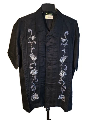 Cubavera 衬衫男式 S 黑色短袖刺绣夏威夷全新带标签 Lg — 第 1/4 张图片