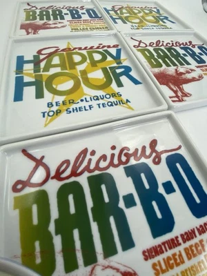 6 Crate & Barrel Delicious BBQ & Happy Hour Square Appetizer Small Plates 6x6 - Image 1 of 4