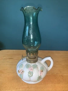 MINI LAMPE À HUILE VINTAGE PORCELAINE VERRE FLORAL DOIGT ABÎMÉE - Photo 1/6
