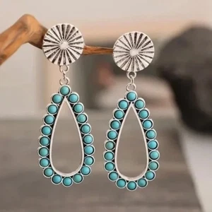 NEW! Turquoise Concho Drop Earrings Western Southwestern Cowgirl Ranch Rodeo - Picture 1 of 5