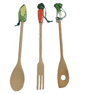 Juego de cucharas de madera vintage de 3 piezas con tapa vegetal de madera maíz-zanahoria-apio Foto 1 de 4