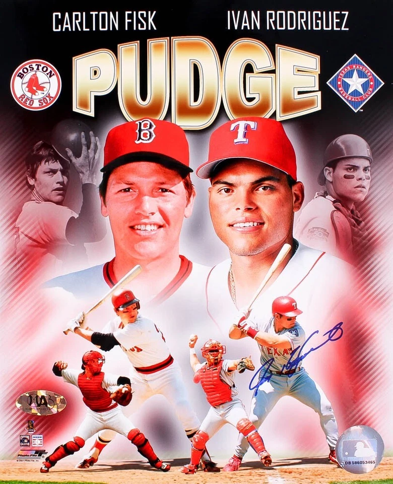 Foto firmada por Iván Rodríguez Pudge 8x10 con Carlton Fisk (holograma MAB) Rangers Foto 1 de 1