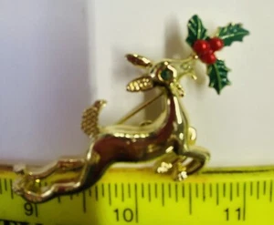 Christmas Reindeer Pin Brooch With Holly  - Picture 1 of 2