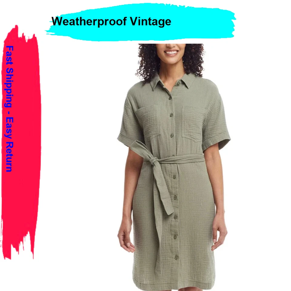 Weatherproof Vintage Dress Adult Medium Green Short Sleeve Cotton Gauze Womens