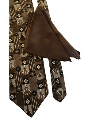 Corbata de Seda Geométrica Marrón Don Loper y Cuadrado de Bolsillo Sólido EE. UU. Oficina Formal Foto 1 de 4