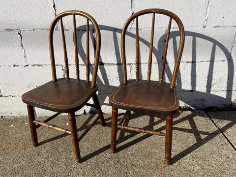 Pair of Antique Wood & Pinstripe Childrens Chairs Bentwood Backs 25" x 12" Cover