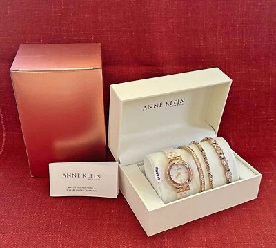 Anne Klein Rose Gold Tone Ceramic Watch Crystal Bangle Bracelet Set NIB NWT - Image 1 of 4
