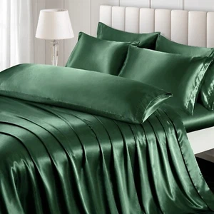 Ersmak 7 Pieces Satin Sheets Set King Size, Luxury Silky Emerald Green Satin ... - Picture 1 of 7
