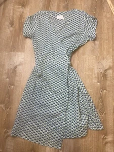 Zen Ethic Wrap Dress Women Large Blue Green Print Short Sleeve NWOT - Picture 1 of 7