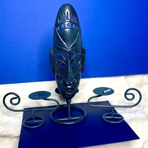 Vintage Bali 13in Tribal Mask Wrought Iron Candle Holder Indonesian NOS Set Of 3 - Picture 1 of 12