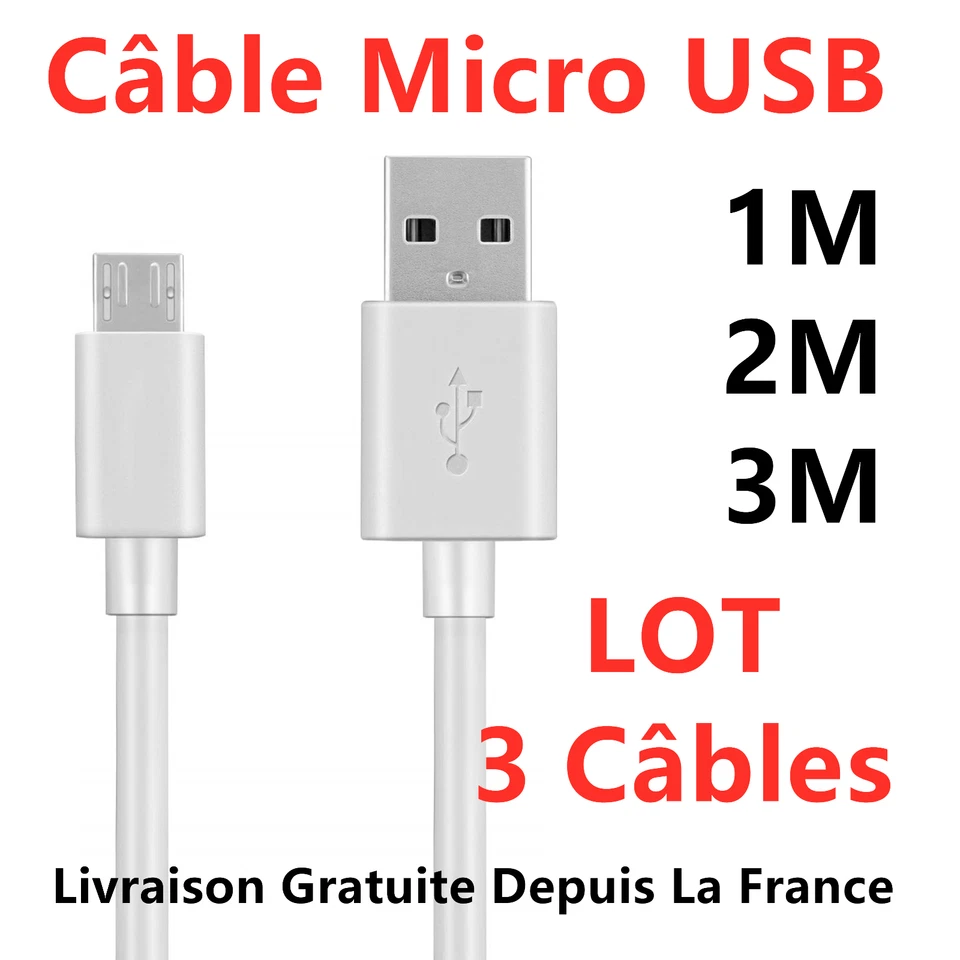 Câble Micro USB 1M 2M 3M Chargeur pour Samsung,Huawei,Appareils Android, Sony - Photo 1/4