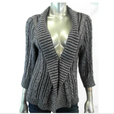 Charter Club Women Sweater PL Silver Cardigan Knit Ribbed Metallic Open Front - Image 1 of 2