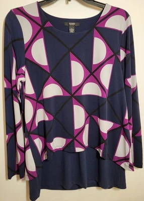 Alfani LS Top, 12P. Navy/Magenta/Wht/Blk Geometric. 27" L. Poly/spandex. Exc Con - Image 1 of 4