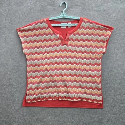 Alfred Dunner Women Shirt XL Red Geometric Beaded Embroidered V-Neck Pullover - Image 1 of 4