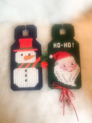 Vintage Canvas Needlepoint Door Knob Hangers Set of 2 Santa Snowman Christmas - Image 1 of 4