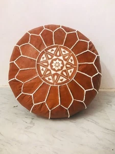 Vintage Sale Natural Round Wonderful Genuine Boho Moroccan Leather Pouffe - Picture 1 of 7